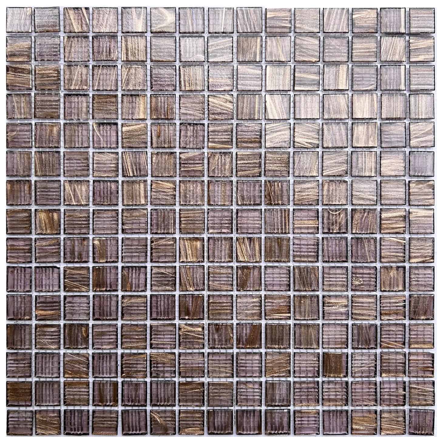 Glass tile mosaic with a mix of brown and purple hues, perfect for backsplashes and pool accents. Durable and stylish glass m.