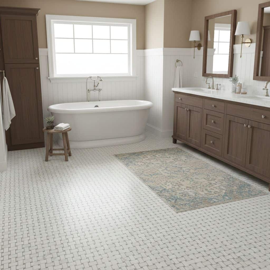 Bright bathroom featuring white hexagon tiles, a freestanding bathtub, and a wooden double vanity with mirrors and wall sconc.