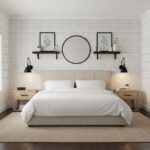 White geometric patterned wall tiles with a matte finish in a modern bedroom setting.