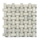 White marble mosaic tile with a woven pattern, smooth texture, and glossy finish.