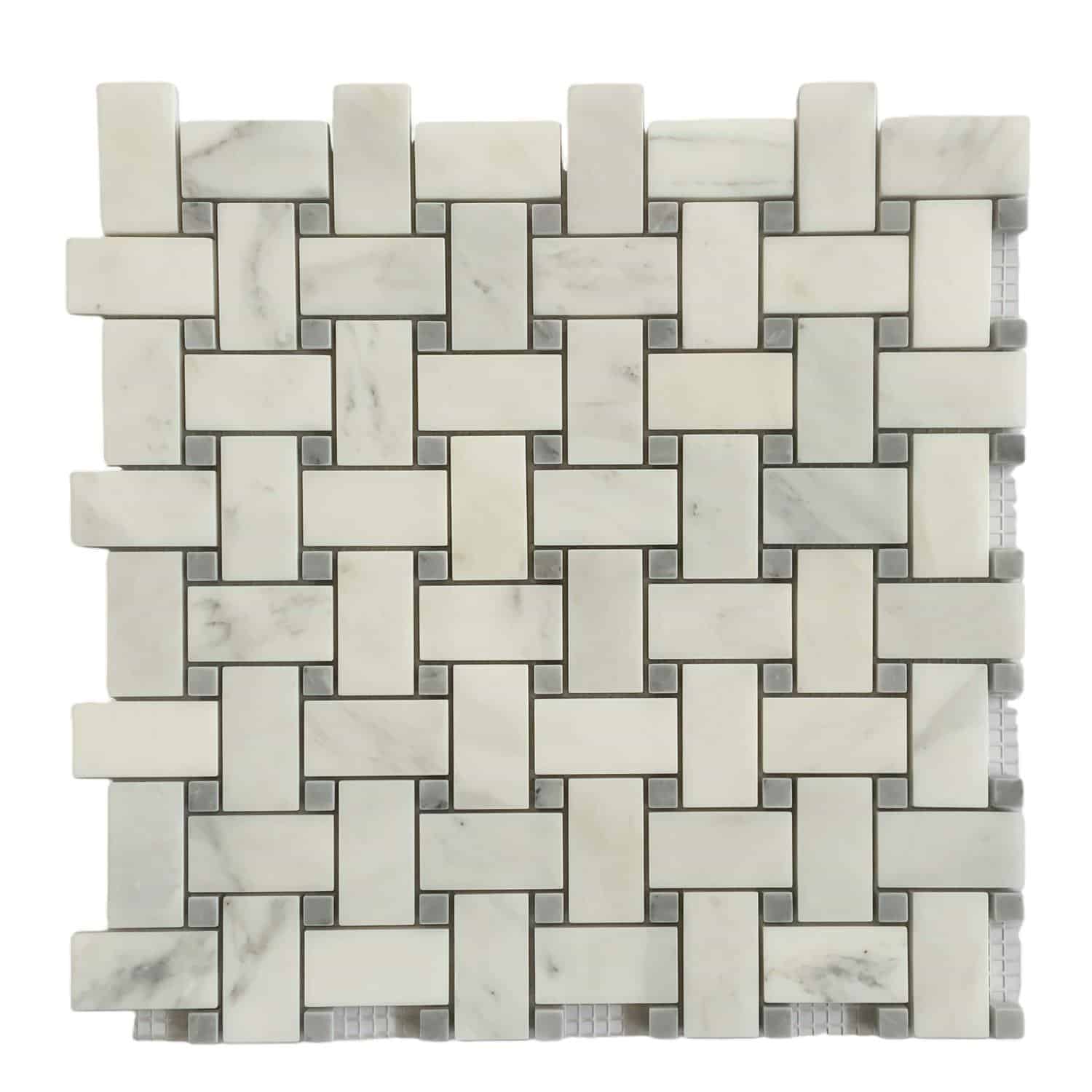 White marble mosaic tile with a woven pattern, smooth texture, and glossy finish.