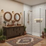 Bright bathroom with wooden vanity, round mirrors, and potted plants, featuring a walk-in shower with white mosaic tiles and.