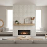 Bright white textured tile wall with a sleek fireplace and minimalist decor.