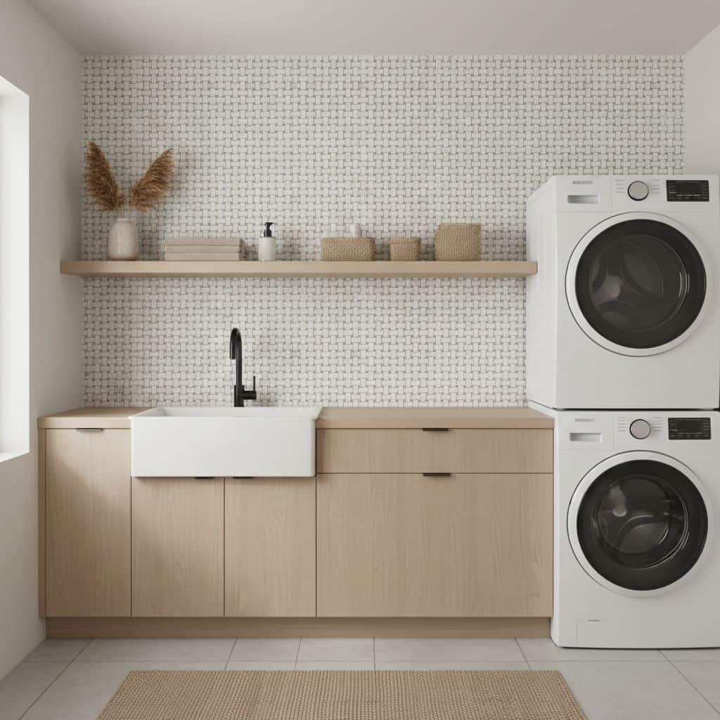 White textured tile wall with small square pattern.