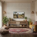 White textured ceramic tiles with a subtle pattern, used as a decorative wall feature in a cozy living room.