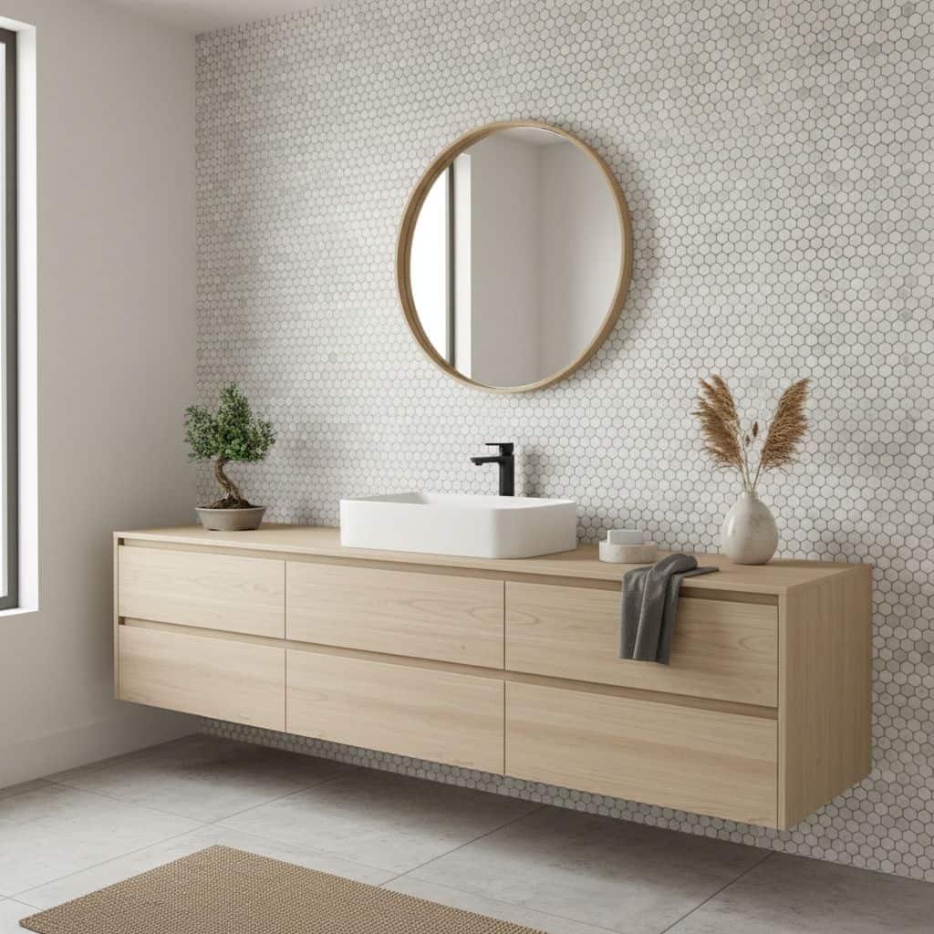 White hexagon tiles with subtle texture, creating a contemporary and elegant look.