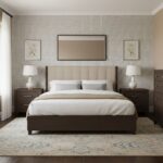 Elegant bedroom featuring beige textured wall tiles, dark wood furniture, and soft lighting for a cozy ambiance.