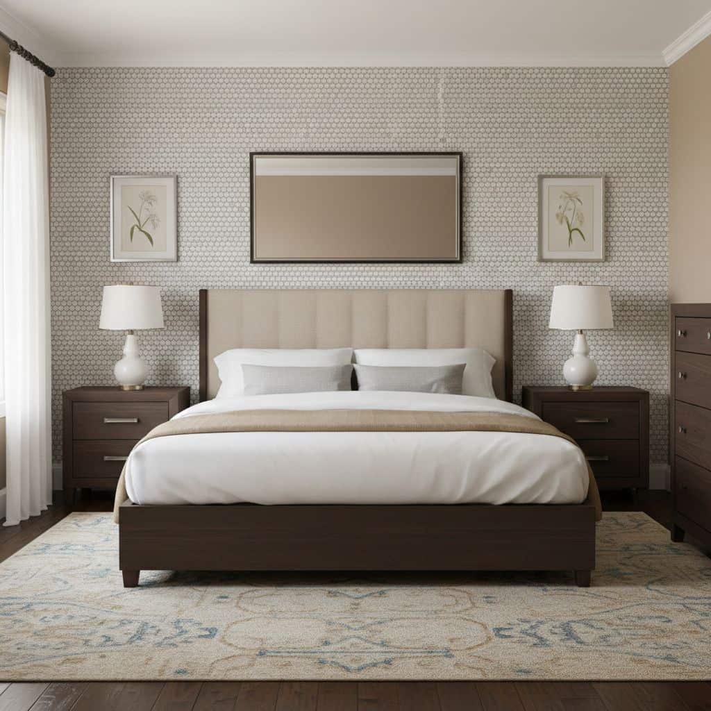 Elegant bedroom featuring beige textured wall tiles, dark wood furniture, and soft lighting for a cozy ambiance.