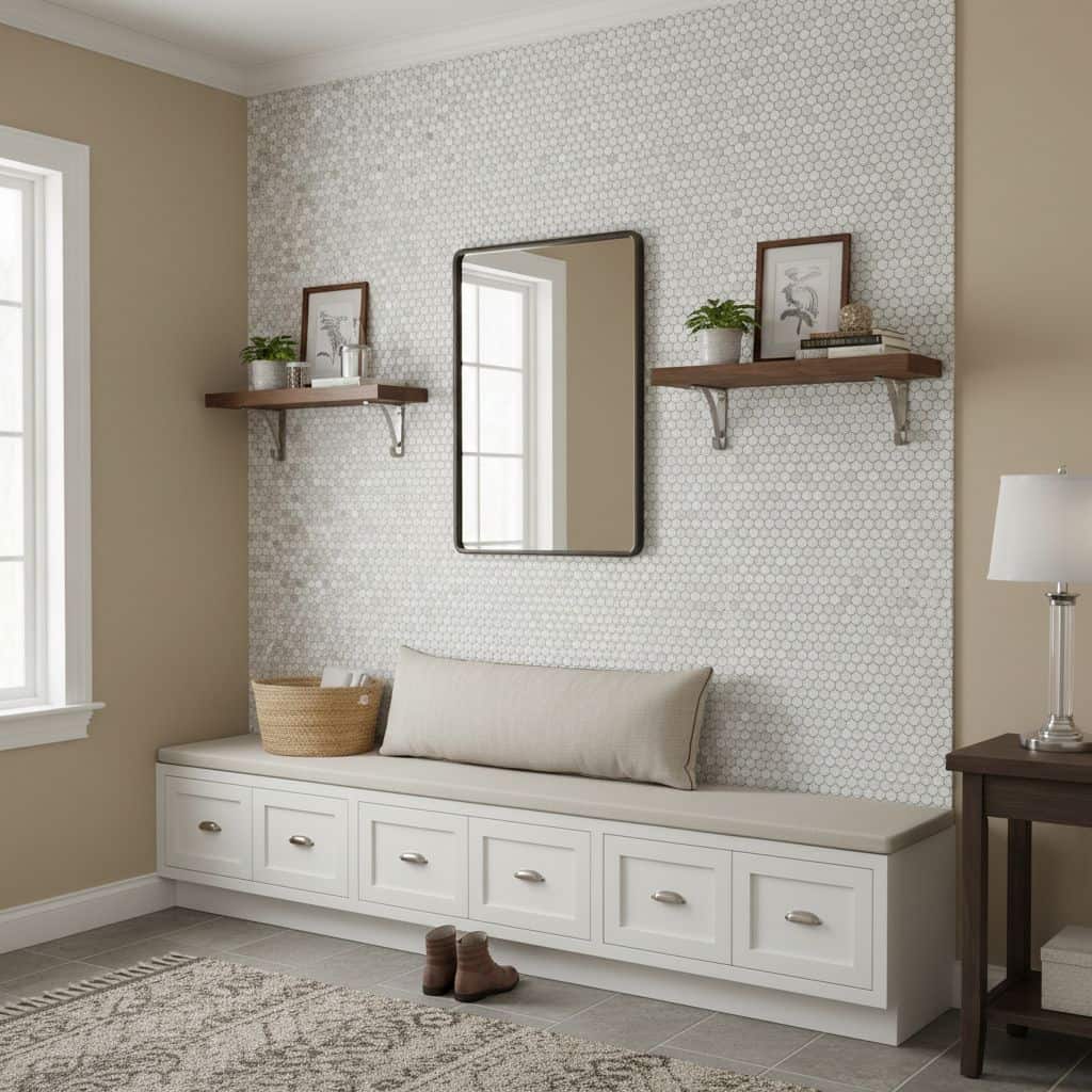 Hexagon wall tiles in light gray with a matte finish, creating a modern and textured look.