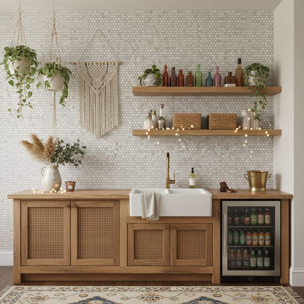 Bright white hexagon wall tiles with a smooth matte finish, paired with natural wood cabinetry for a warm, modern kitchen loo.