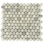 White and gray circular mosaic tile with smooth, matte finish, arranged in a uniform pattern.