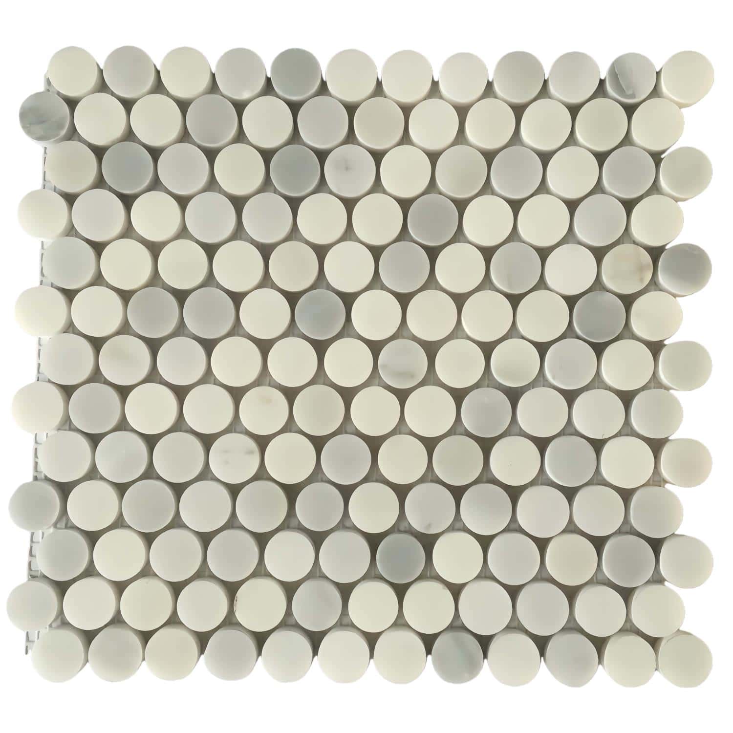 White and gray circular mosaic tile with smooth, matte finish, arranged in a uniform pattern.
