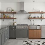 Gray and white mosaic tile backsplash with wooden open shelves and modern kitchen appliances.