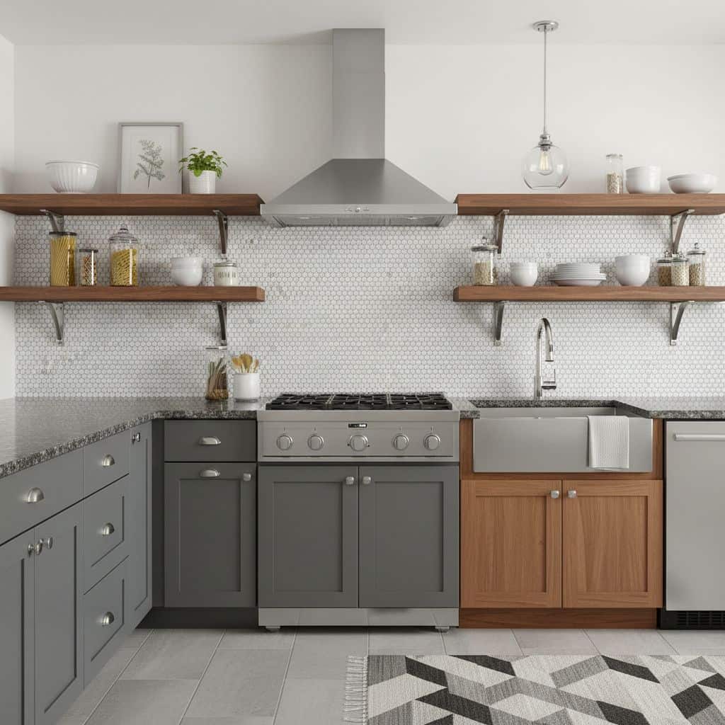 Gray and white mosaic tile backsplash with wooden open shelves and modern kitchen appliances.