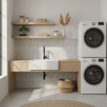 Bright laundry space with white hexagon tiles, wooden countertop, and stacked washer and dryer.