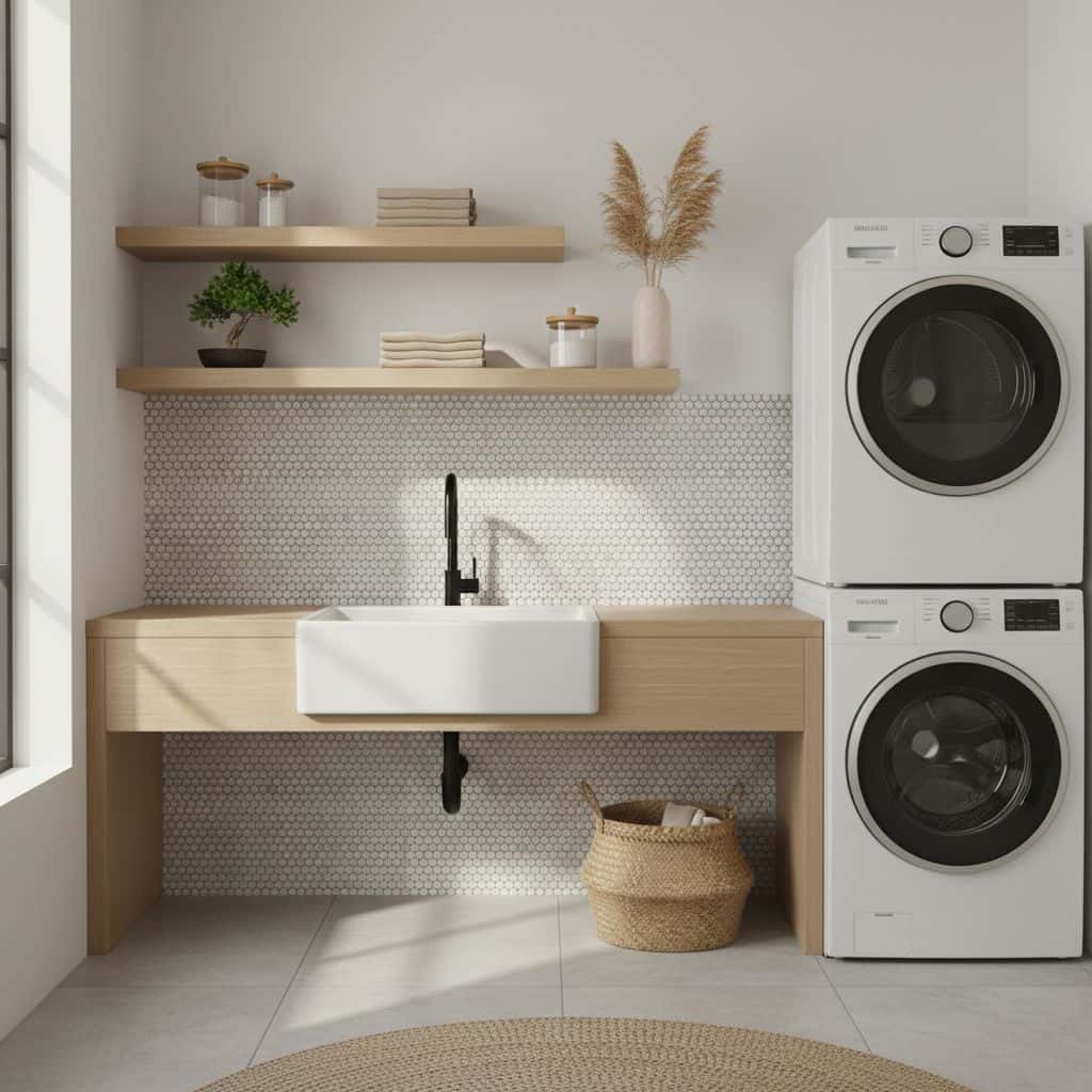 Bright laundry space with white hexagon tiles, wooden countertop, and stacked washer and dryer.