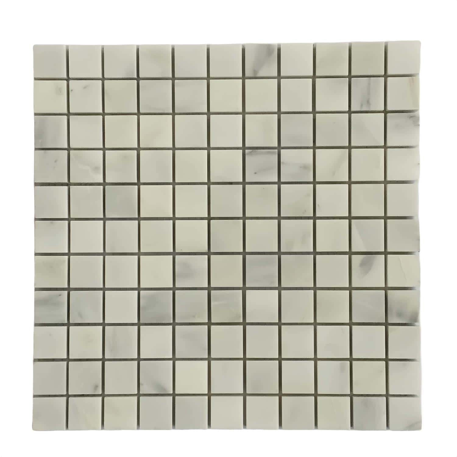 Cream marble mosaic tile with smooth texture and subtle gray veining.