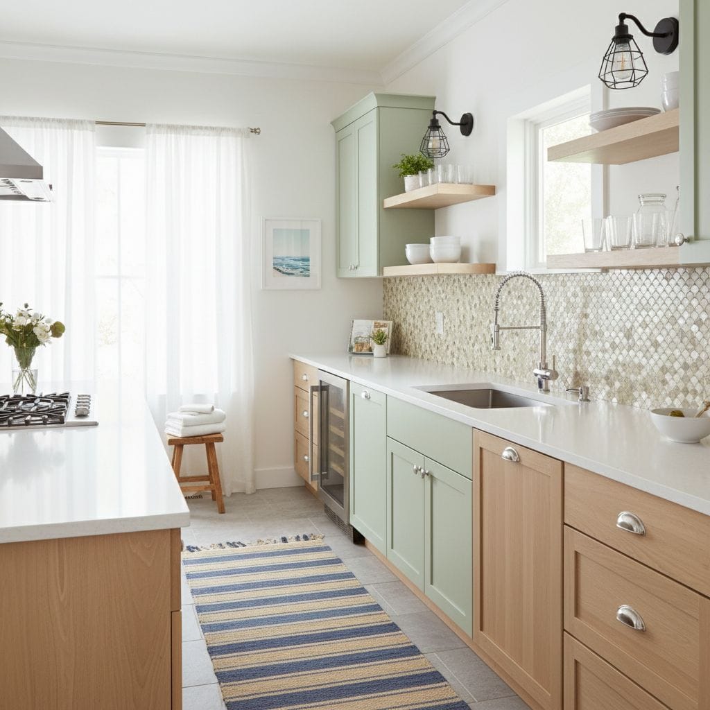 Bright kitchen with peel and stick tile backsplash, light green cabinets, and natural light. Perfect for easy home updates an.