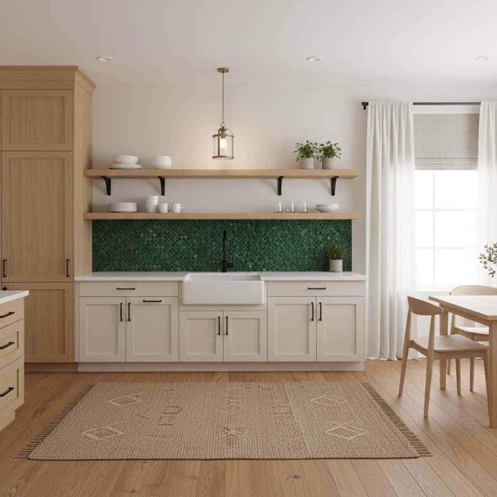 Peel and stick wall tile backsplash with green mosaic design in modern kitchen setting. Easy DIY upgrade for home decor.