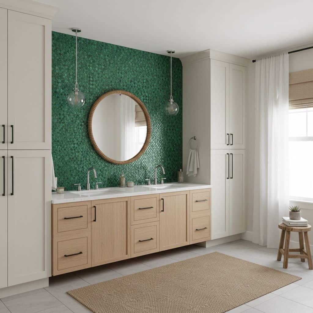 Bright bathroom with peel and stick tile backsplash behind double sinks.