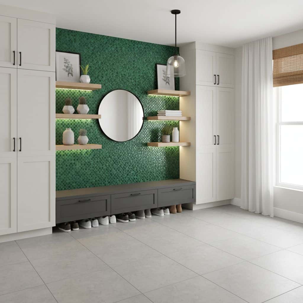 Modern entryway with peel and stick wall tile, white cabinetry, and decorative shelves.