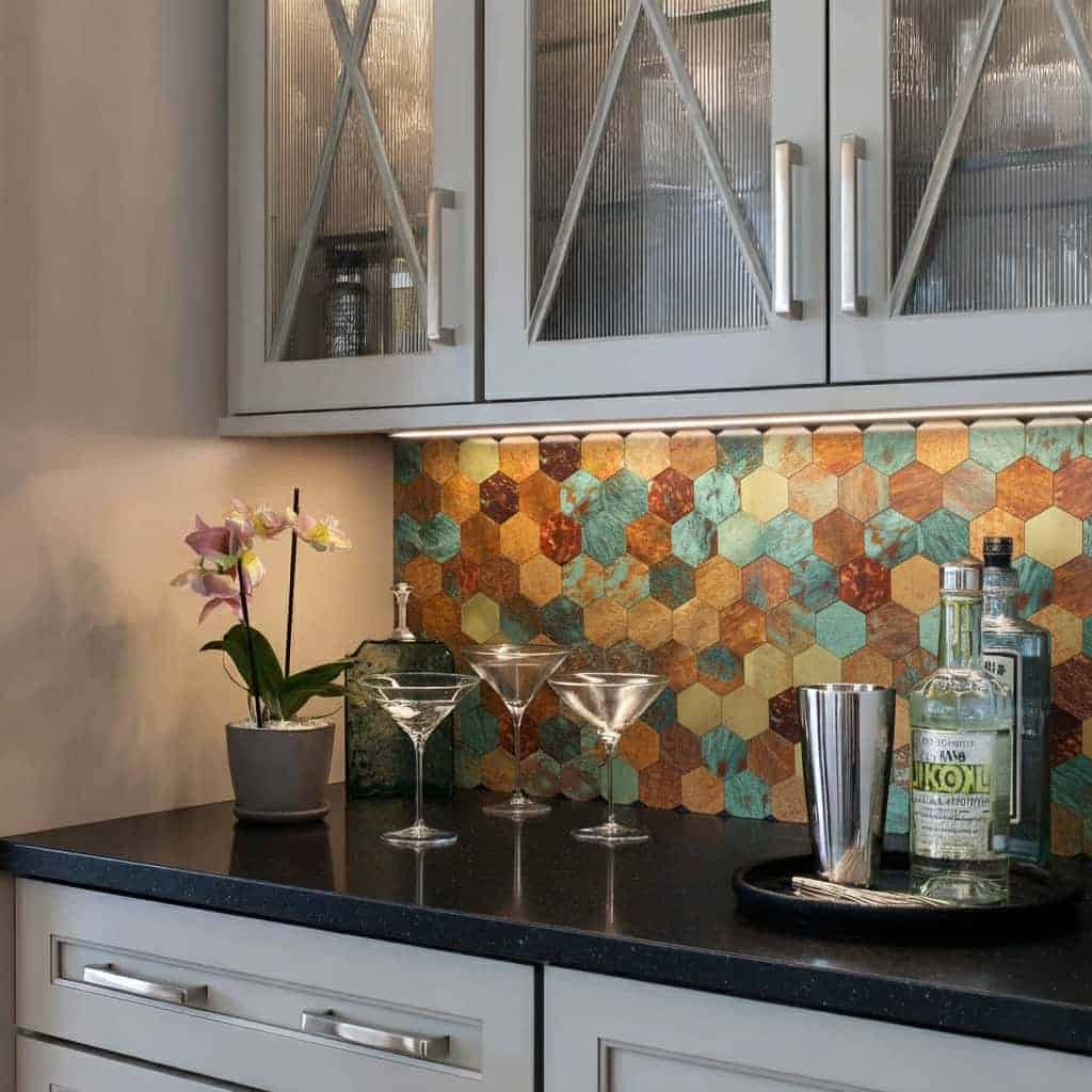 Modern kitchen backsplash with colorful peel and stick hexagon tiles. Easy DIY update for walls and backsplashes.