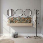Decorative peel and stick tile backsplash with hexagonal pattern in a modern entryway.
