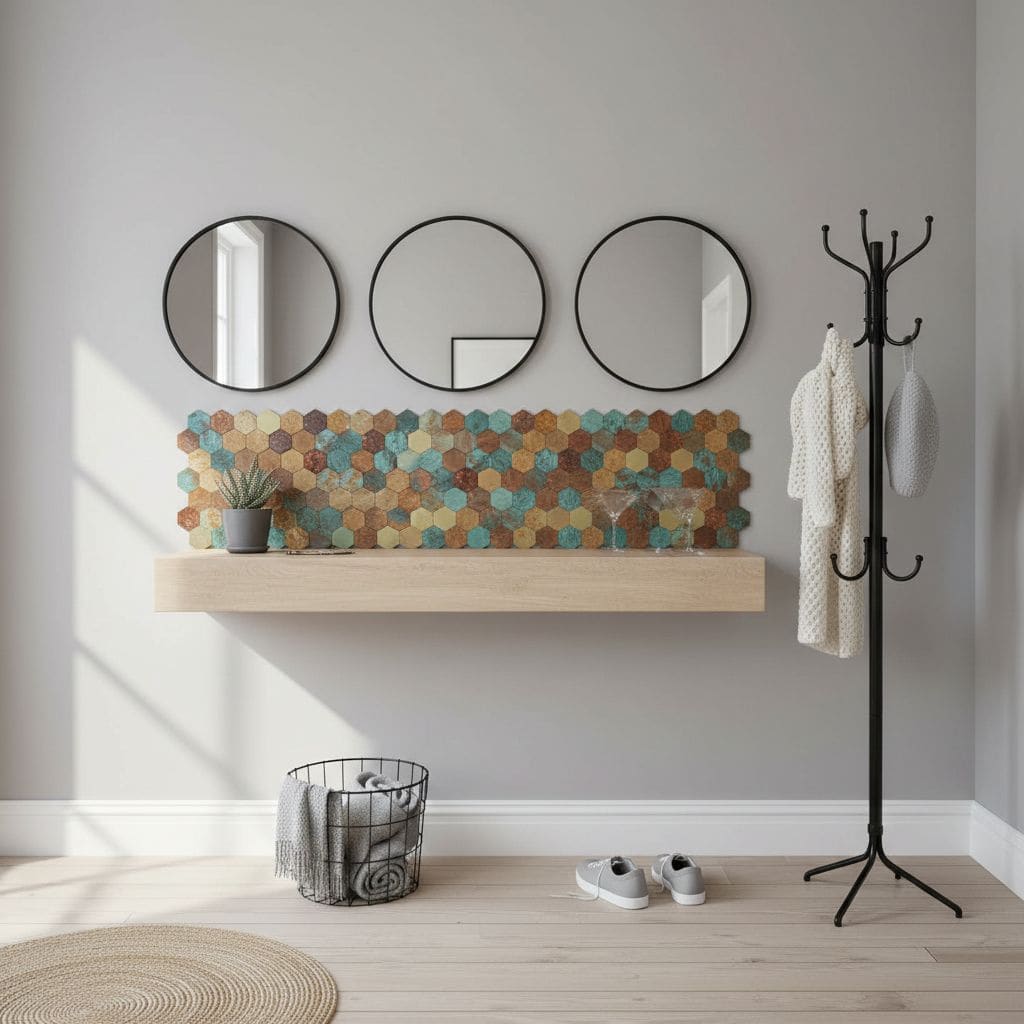Decorative peel and stick tile backsplash with hexagonal pattern in a modern entryway.