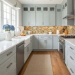 Modern kitchen with colorful peel and stick wall tiles behind the stove and sink area.