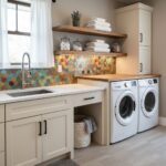 Modern laundry room with peel and stick tile backsplash, washer, dryer, and storage shelves.