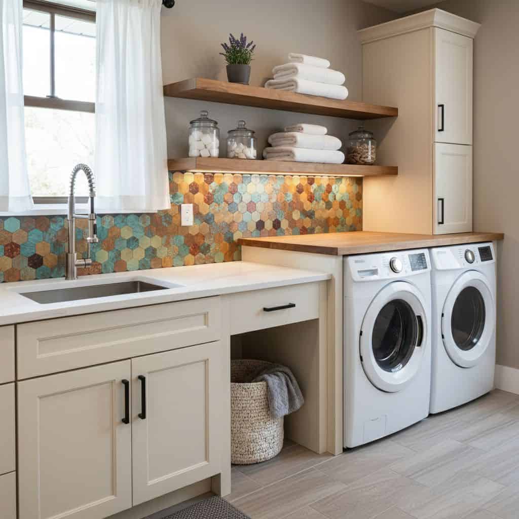 Modern laundry room with peel and stick tile backsplash, washer, dryer, and storage shelves.