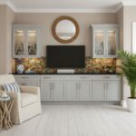Bright living room with peel and stick tile backsplash behind TV.