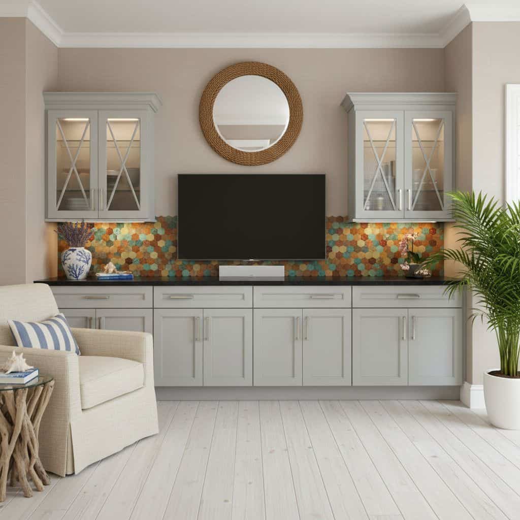 Bright living room with peel and stick tile backsplash behind TV.