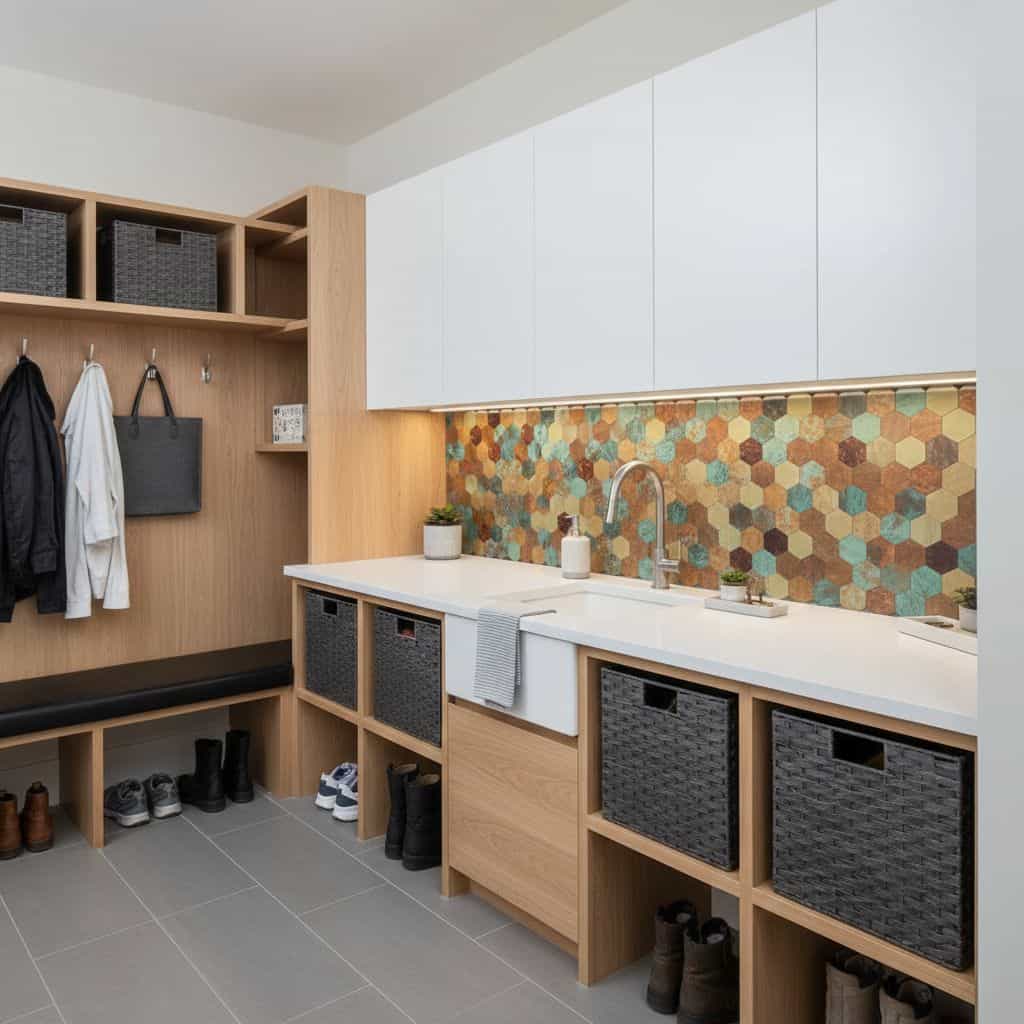 Modern kitchen with peel and stick tile backsplash featuring hexagonal patterns in warm tones. Easy DIY wall tile upgrade for.