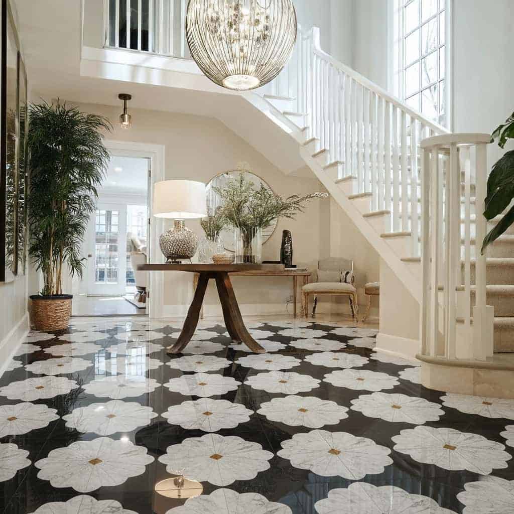 Black and white floral ceramic tiles with glossy finish and intricate design.