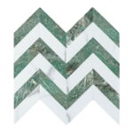 Green marble with white accents, textured surface, chevron pattern.