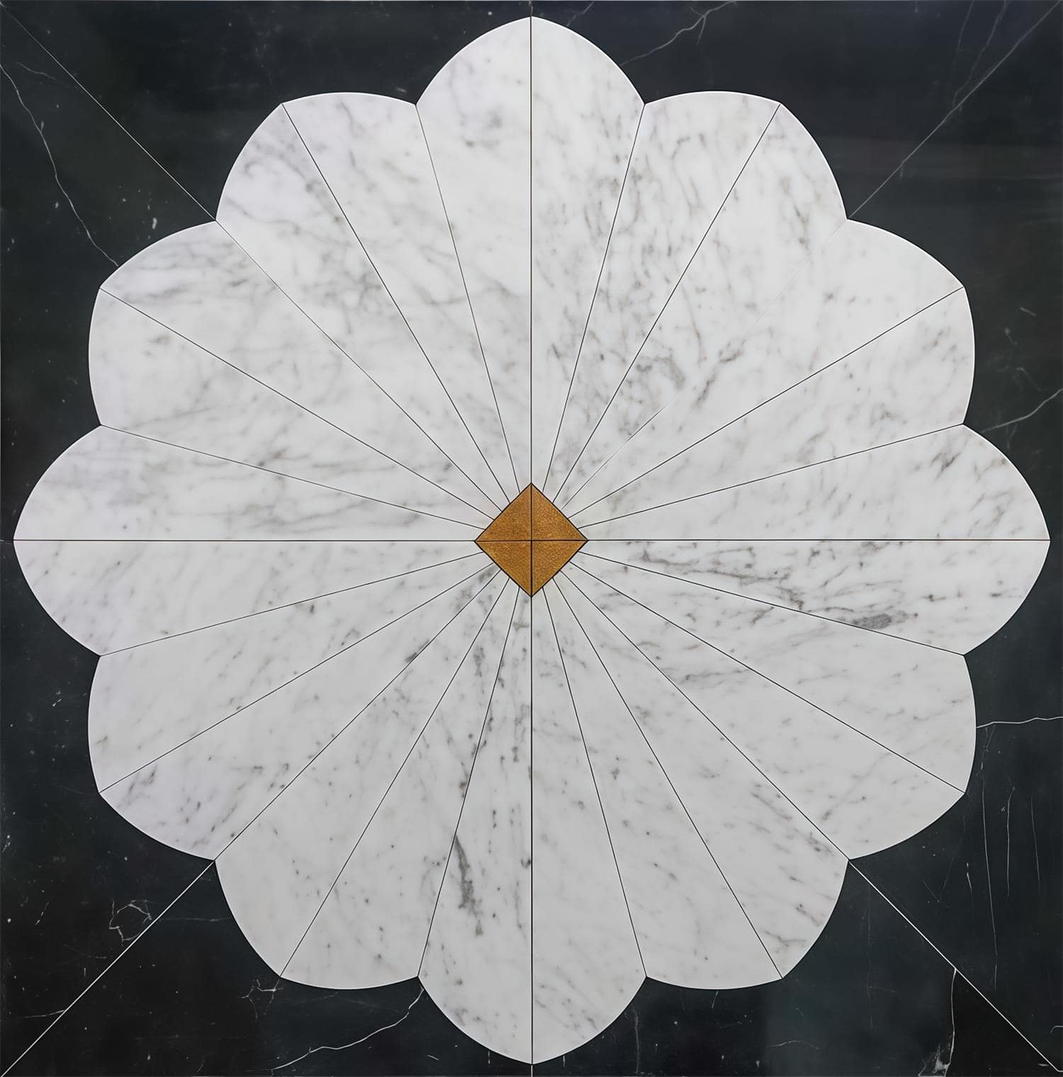 White marble tile with a flower shape, polished surface, and subtle gray veining.
