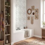 Mother of pearl shell tile accent wall in a modern bathroom with natural light.