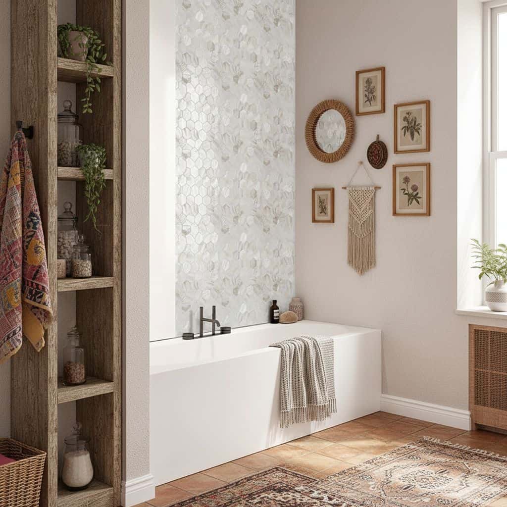 Mother of pearl shell tile accent wall in a modern bathroom with natural light.
