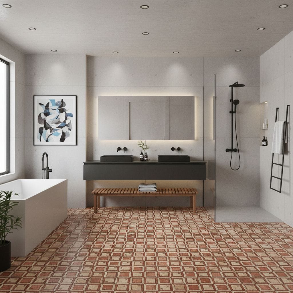 Geometric patterned terracotta and cream floor tiles, matte finish, in a contemporary bathroom with minimalist design.