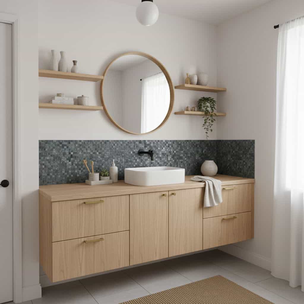 Modern bathroom with peel and stick wall tiles, wooden vanity, round mirror, and natural light.