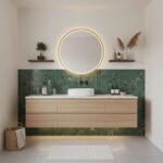 Modern bathroom with peel and stick wall tiles and a round mirror.