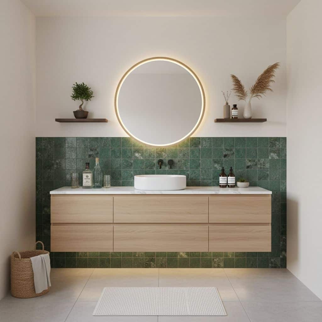 Modern bathroom with peel and stick wall tiles and a round mirror.