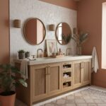 A stylish bathroom vanity featuring shell tile accents, two round mirrors, and natural decor elements for a coastal-inspired.