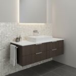 Mother of pearl shell tile accent wall behind modern bathroom vanity. Elegant oyster shell tile adds a luxurious touch to con.
