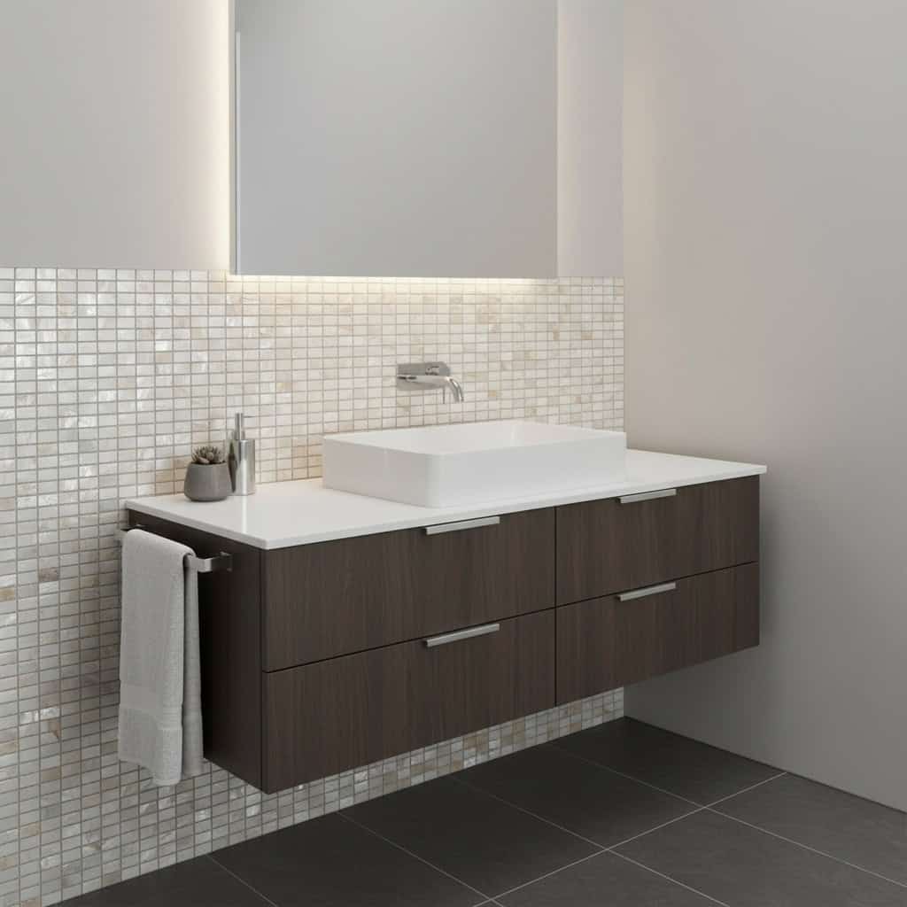 Mother of pearl shell tile accent wall behind modern bathroom vanity. Elegant oyster shell tile adds a luxurious touch to con.