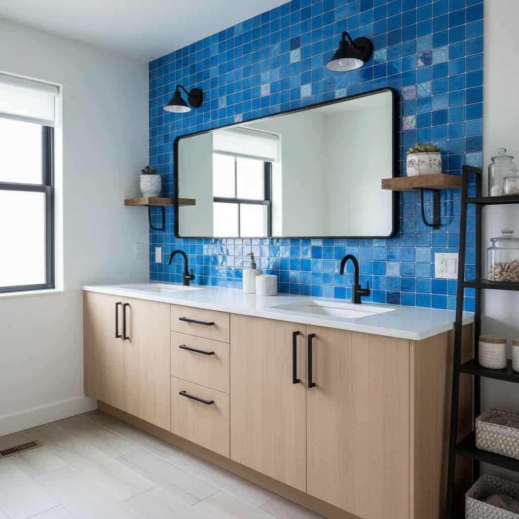 A stylish bathroom featuring a vibrant blue glass tile backsplash behind dual sinks, complemented by a large mirror and conte.