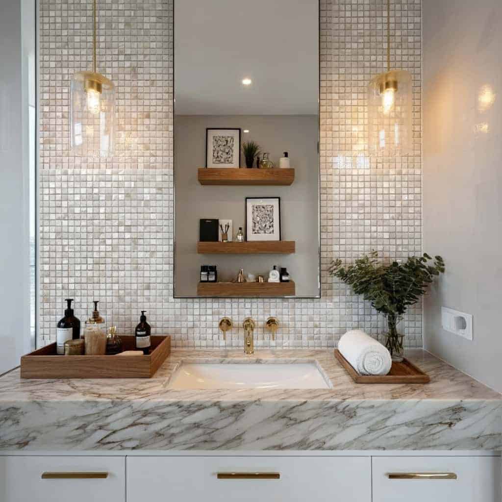 Elegant shell tile wall with mother of pearl accents in a modern bathroom setting.