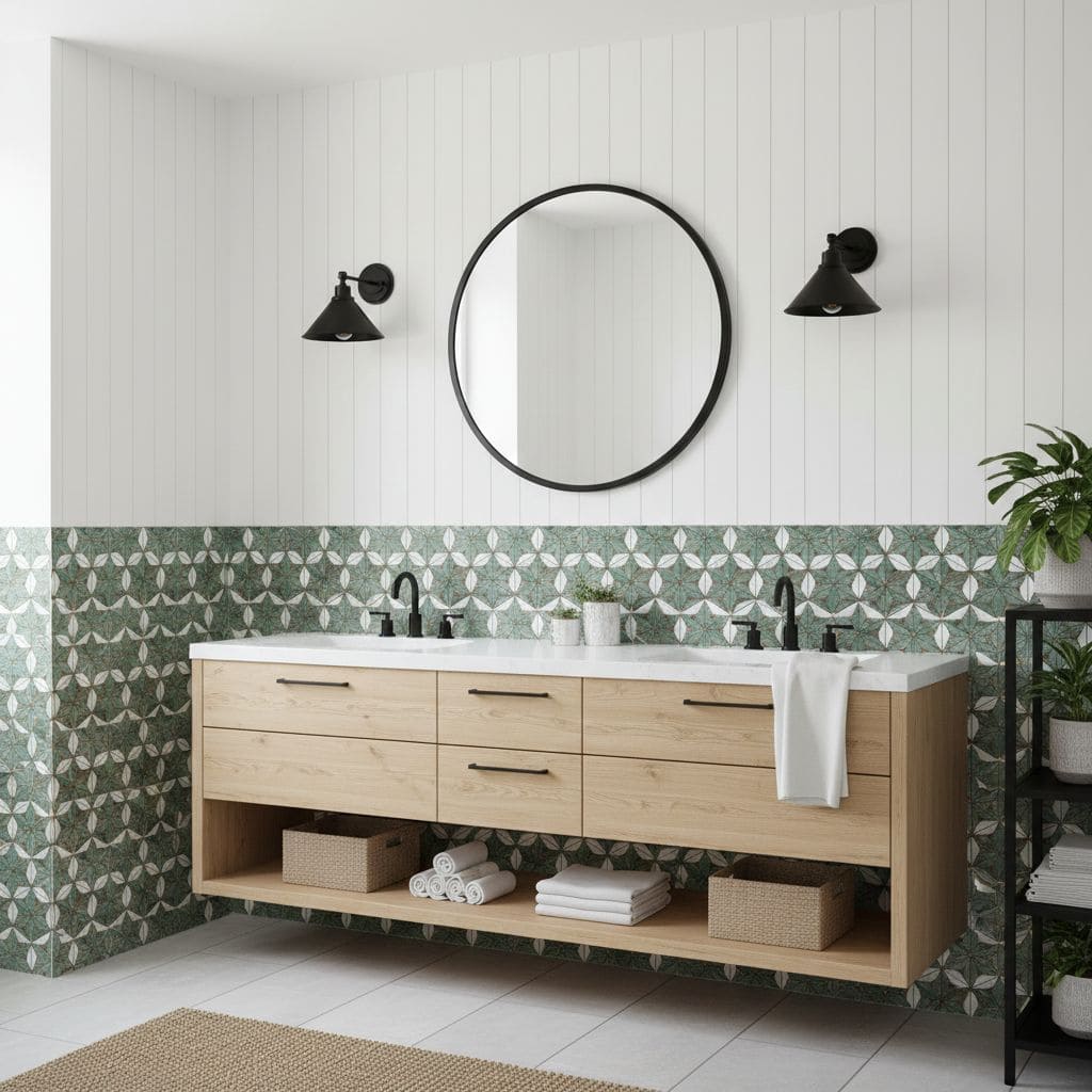 A modern bathroom with peel and stick wall tiles, a large round mirror, and black wall sconces for a stylish look.