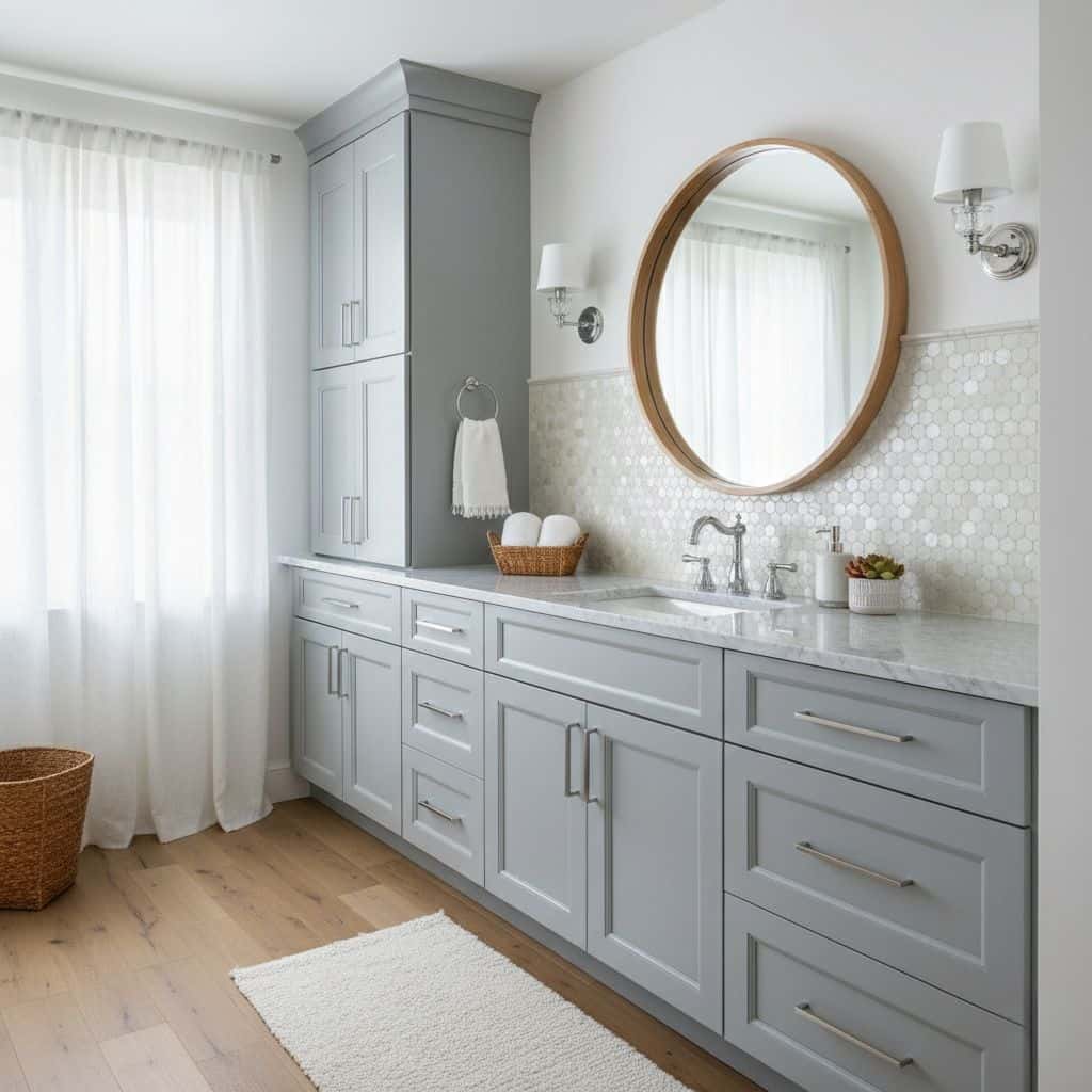 Elegant bathroom with mother of pearl shell tile backsplash and light gray cabinetry. Bright, airy space with a round mirror.